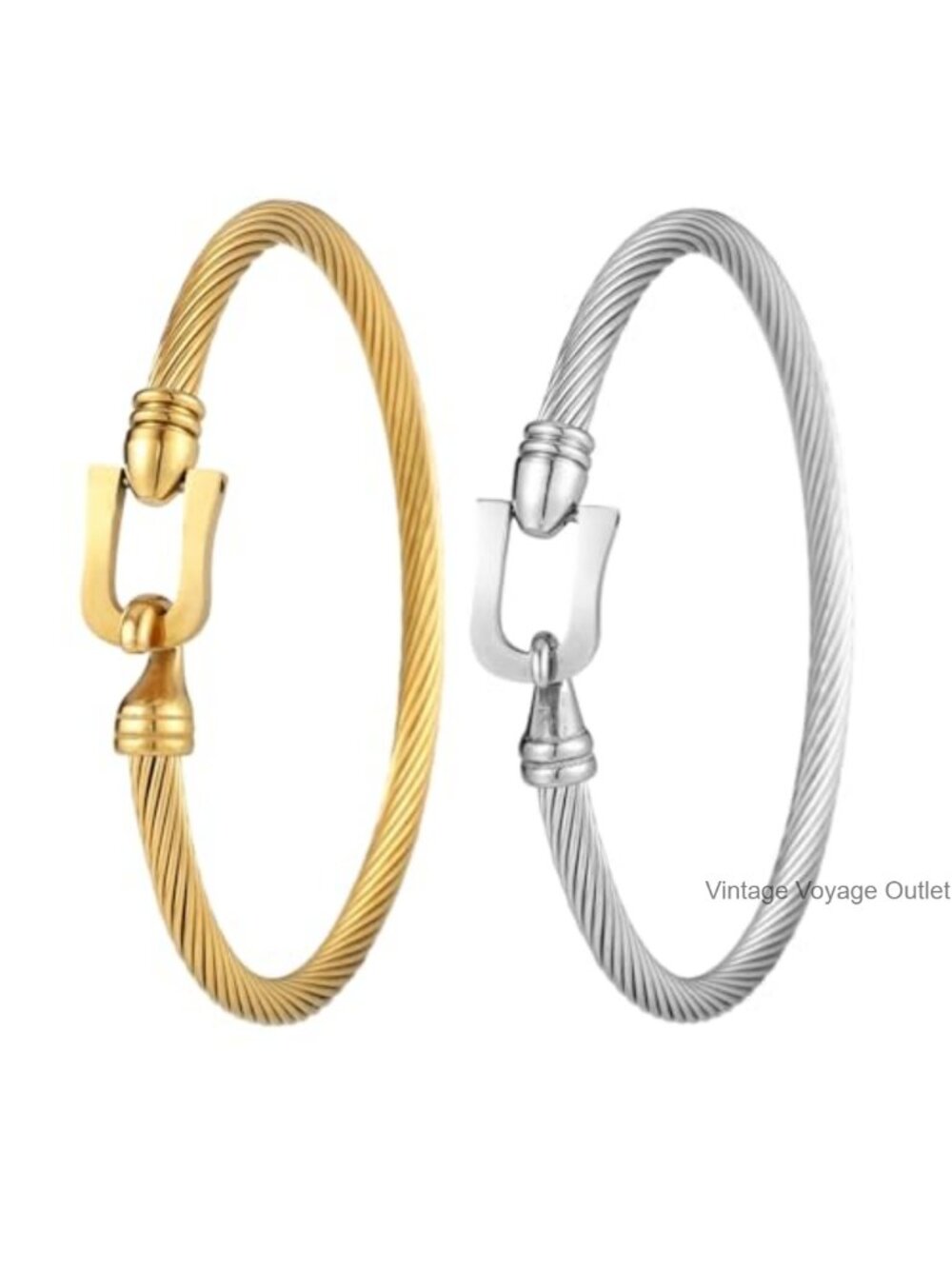Stainless Steel Twisted Cable Wire Bracelet Set, 2-Piece Bangle Set